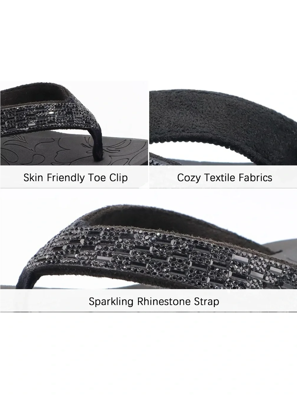 Oncai Black Wedge Rhinestone Flip Flop Sandals